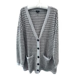 TALBOTS Black Gray Tweed Knit Cardigan Sweater Merino Wool Button Front | XL